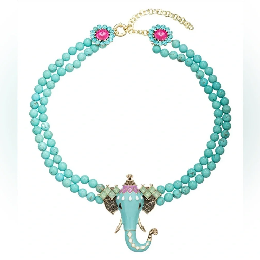 Elephant Teal Turquoise Stone and Jewel Statement Necklace 12”